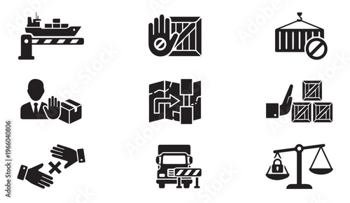 Import export customs control icons silhouette set