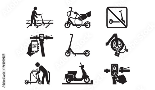Electric scooter and e-mobility icons silhouette set with e mobility