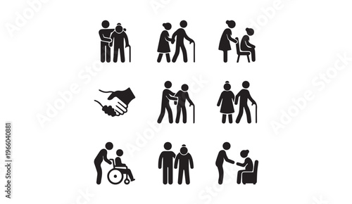 Senior care and assistance icons silhouette set