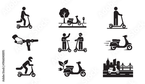 Electric scooter and e-bike lifestyle icons silhouette with e bike