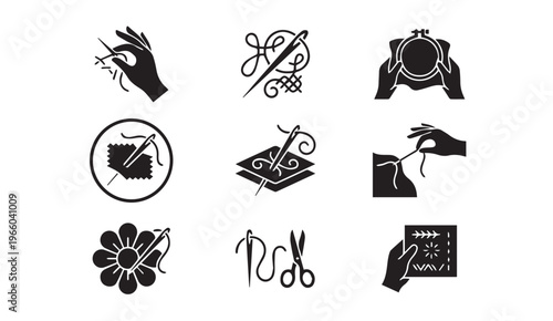 Sewing and embroidery icons: needle, thread, fabric and craft symbols