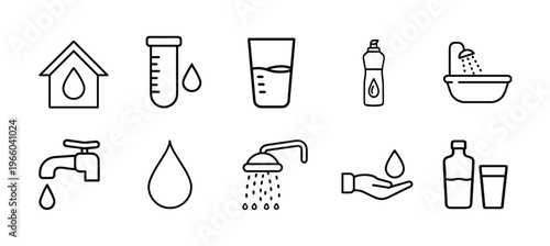 Water supply and sanitation outline icon set featuring eco house, test tube, drinking glass, water tap, shower head, and bathtub vector illustration on editable stroke