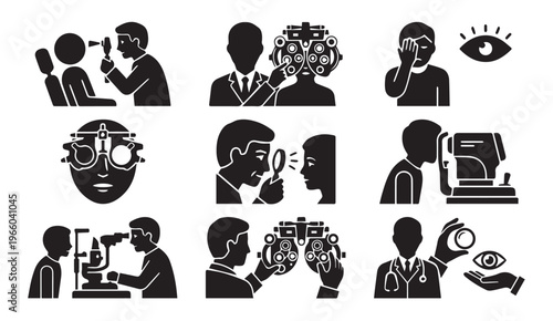 Eye exam and vision care icons: optometrist, eyeglasses, sight tests, eye chart