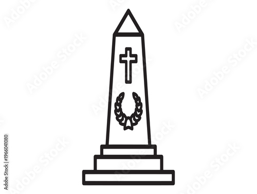 A simple line drawing of a war memorial obelisk with a cross and laurel wreath