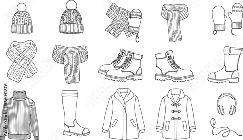 Winter clothing and warm accessories set with boots hats scarves coats mittens and sweater outline vector illustration for seasonal fashion concepts isolated on white background
