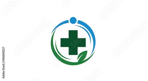 Medical cross logo with leaf and circular swoosh