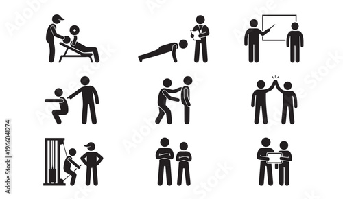 Personal training & coaching icons. fitness instructor and teamwork vector set