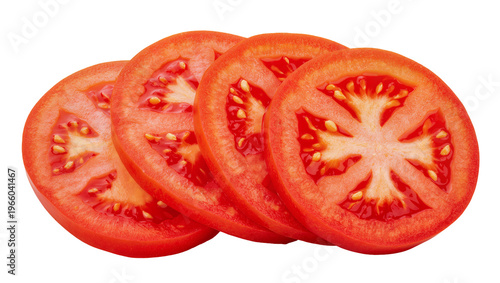 Fotografie Fresh red tomato slices neatly stacked, isolated on transparent background