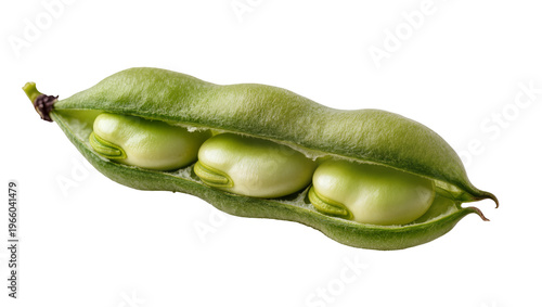 Quadro su tela Green broad bean pod with three plump beans, isolated on transparent background
