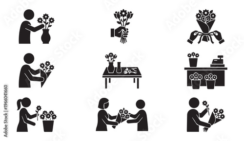 Flower shop icons: people buying, arranging, and giving flowers, black and white