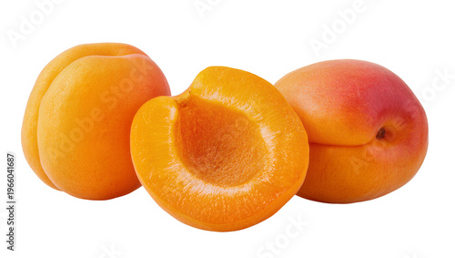 Obraz na płótnie Three orange apricots one half with pit, isolated on transparent background