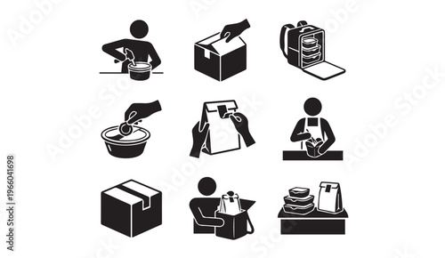 Packaging and shipping process icons: box, bag, and parcel handling, flat design