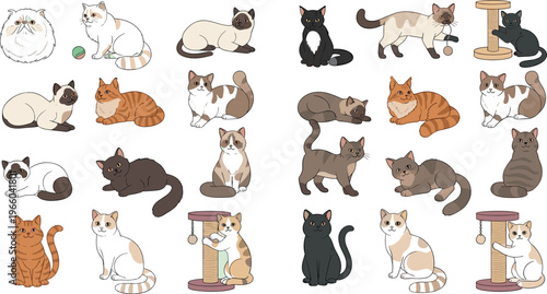 Cat Icon Set Featuring Various Breeds, Poses, and Playful Activities for Pet, Animal, and Fun Themes