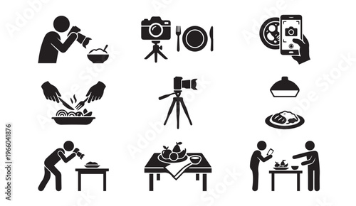 Food photography and styling process icons set for creative media production
