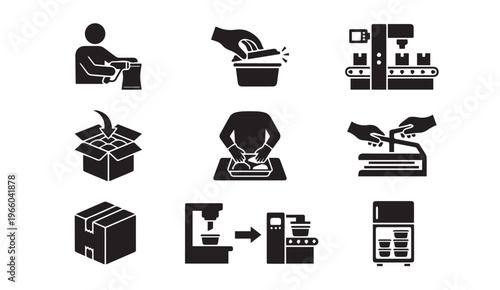 Factory production icons: assembly line and manufacturing process