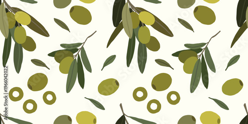 Seamless pattern with olive branches and leaves. Green olives. Botanical background for eco friendly packaging, textiles, kitchen decor, and organic food brand designs