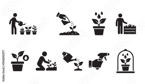 Gardening and plant care process icons set for agriculture and growth concepts
