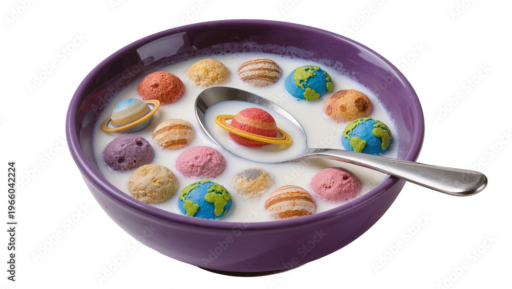 Fototapeta premium Planet cereal in milk spoon in purple bowl, isolated on transparent background