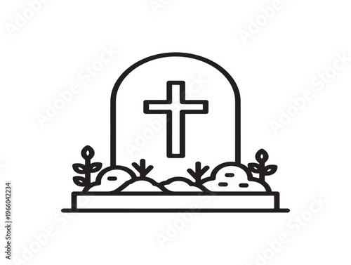 Simple line drawing of a gravestone with a cross and decorative plants