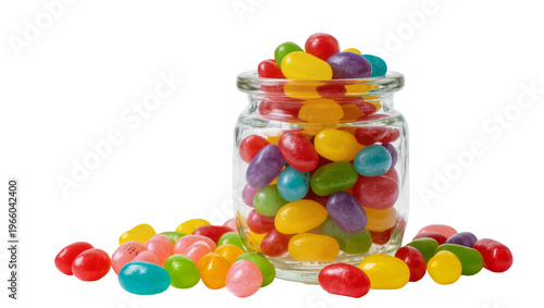 Foto Jelly beans in glass jar spilled, isolated on transparent background