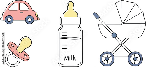 Illustration of infant essentials and a toy car for a baby Vector