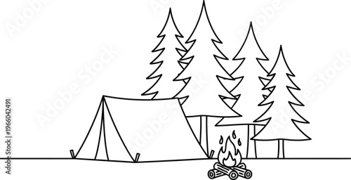 A serene camping scene with tents and a campfire under tall pine trees Vector