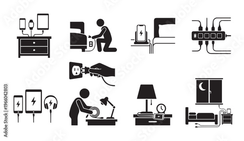 Electronic device charging and power outlet pictogram icons set