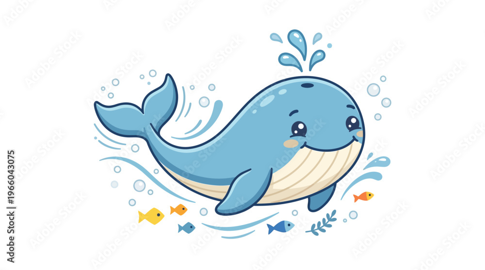 Fototapeta premium Smiling Cartoon Blue Whale Swimming Underwater.