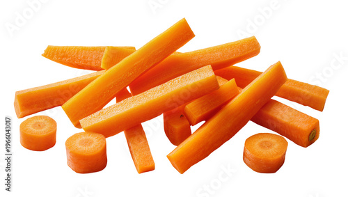 Obraz na płótnie Peeled orange carrots cut into sticks and round slices, isolated on transparent