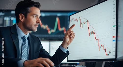 Focussed financial trader analyzing declining stock market chart