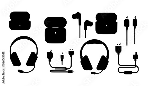 Colorful audio accessories vector icon set with earbuds gaming headphones and charging cables in modern flat design