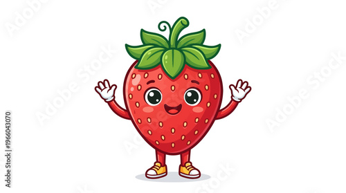 Cartoon strawberry character with green leaves.