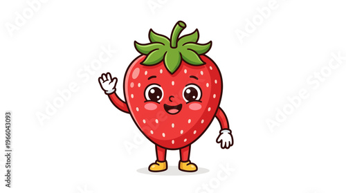 Smiling Strawberry Cartoon Character Waving Hand.