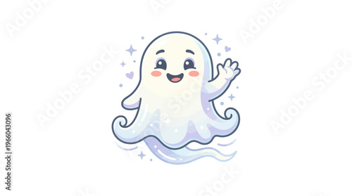 Cute cartoon ghost character smiling.