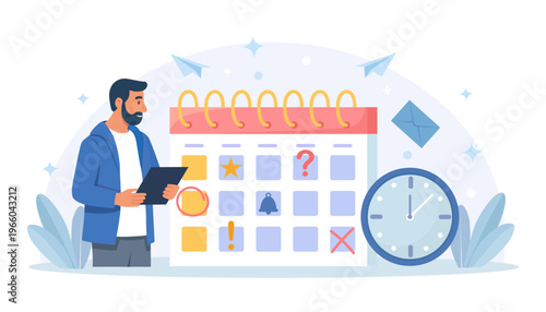 Time management concept. Project completion on deadline. Organizing efficient work process. Appointment planning and scheduling. Office staff plan the schedule and agenda by checking events.
