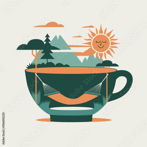 Teacup with Hammock and Sun – Minimal Relaxation Vector Illustration