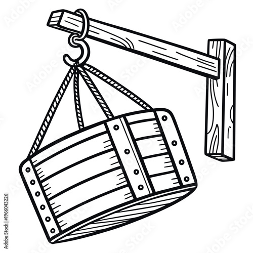 Hand-Drawn Rustic Hanging Wooden Barrel Signboard Vector. Vintage Wooden Crate Sign with Rope and Hook for Pub, Tavern, and Retro Outdoor Concept Design