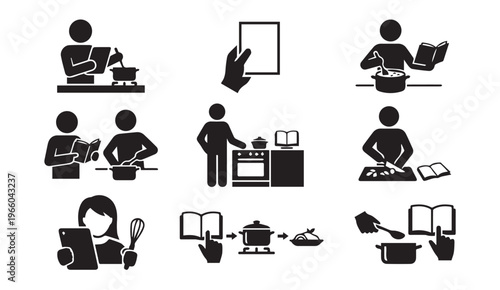 Cooking with recipes and food preparation process instructions icon set