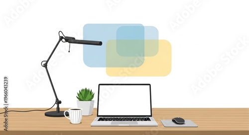 Workspace setup with laptop, lamp, and succulent on wooden desk.