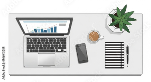 Overhead View of a Modern Workspace with Laptop and Accessories.