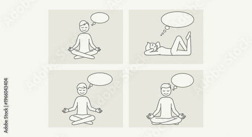 Stick figure characters meditating and relaxing in peaceful and thoughtful poses on a light grey background.