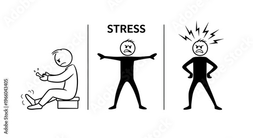 Stick figure characters depicting stress and anger, with "STRESS" text and lightning bolts, isolated white background.