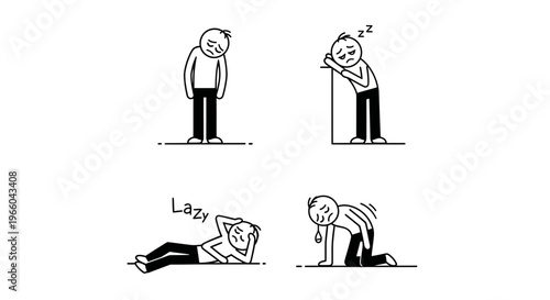 Stick figure characters depicting laziness, tiredness, and exhaustion in various postures, isolated white background.