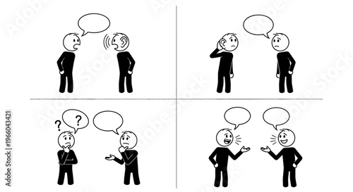 Stick figure characters depicting various communication scenarios like listening, explaining, ignoring, and conversing, isolated white background.