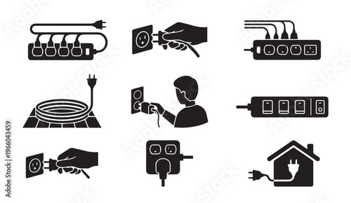 Electrical plugs, sockets, and power strips icon set. home electricity