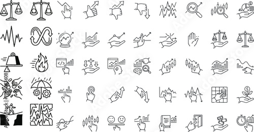 Investment strategy and economic loss icons showing market fluctuations and risk management
