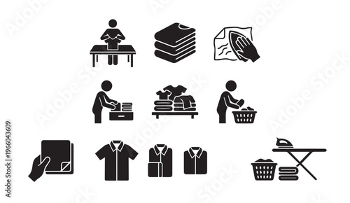 Laundry work flow home chores and household cleaning icon set