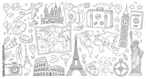 World travel and tourism doodle pattern on an isolated white background. Hand drawn illustration of vacation elements.