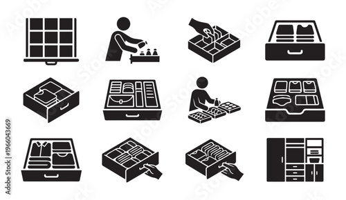 Home organization and decluttering icon set. storage, drawers, clothes