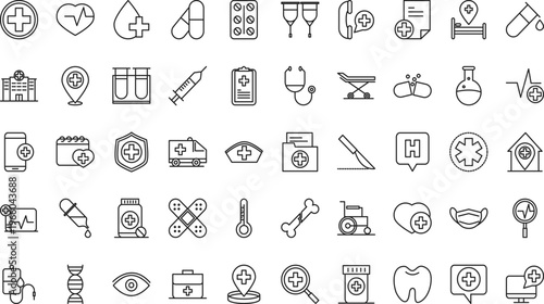 Medical line icon set, healthcare and hospital vector symbols, 50 thin outline icons for medicine, pharmacy and clinical diagnostic services